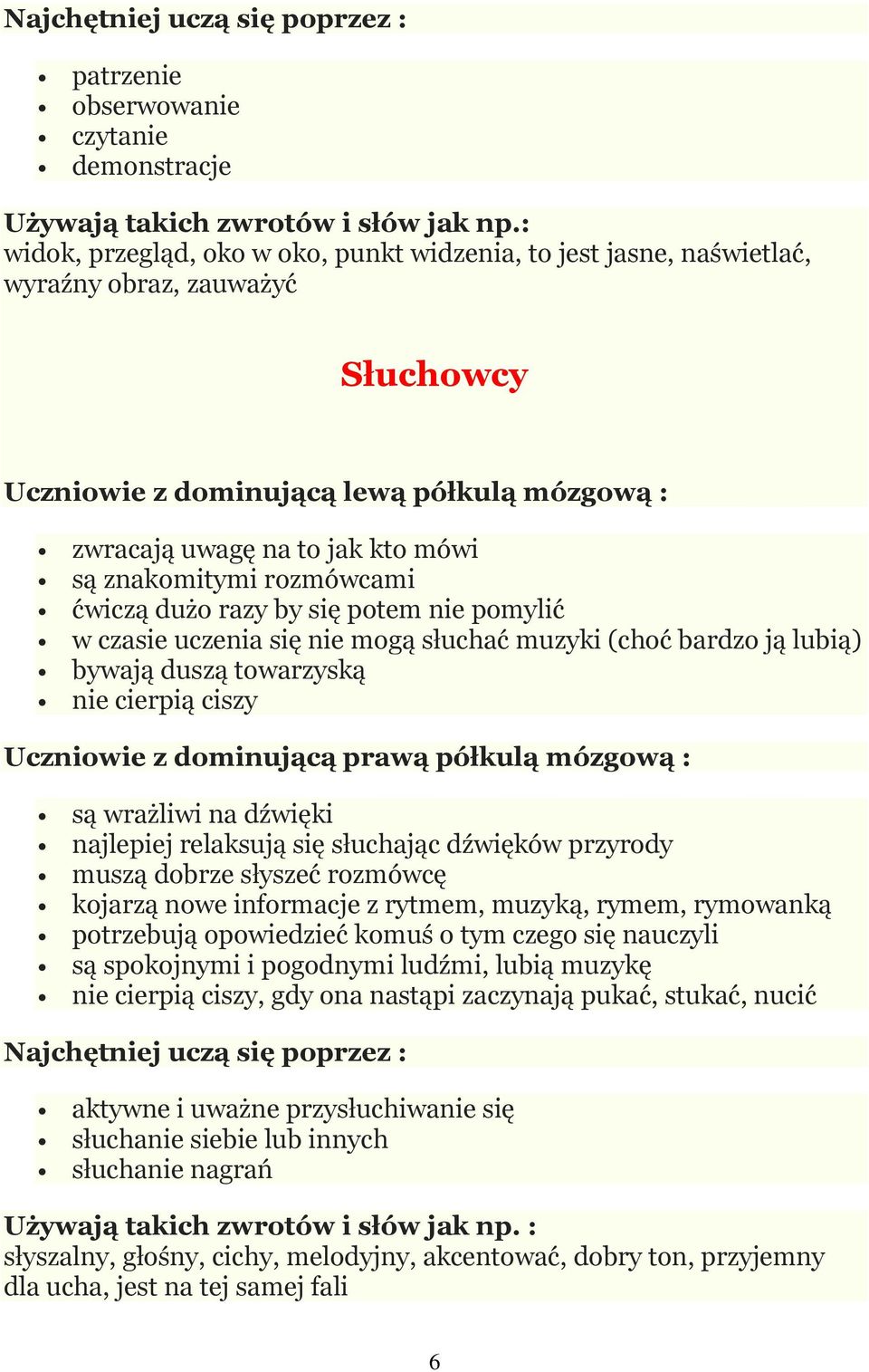 znakomitymi rozmówcami ćwiczą dużo razy by się potem nie pomylić w czasie uczenia się nie mogą słuchać muzyki (choć bardzo ją lubią) bywają duszą towarzyską nie cierpią ciszy Uczniowie z dominującą