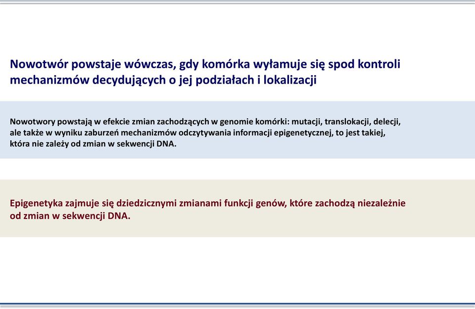 także w wyniku zaburzeń mechanizmów odczytywania informacji epigenetycznej, to jest takiej, która nie zależy od zmian