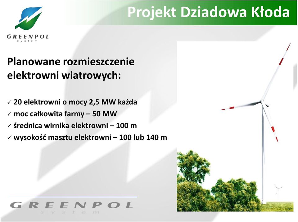 moc całkowita farmy 50 MW średnica wirnika