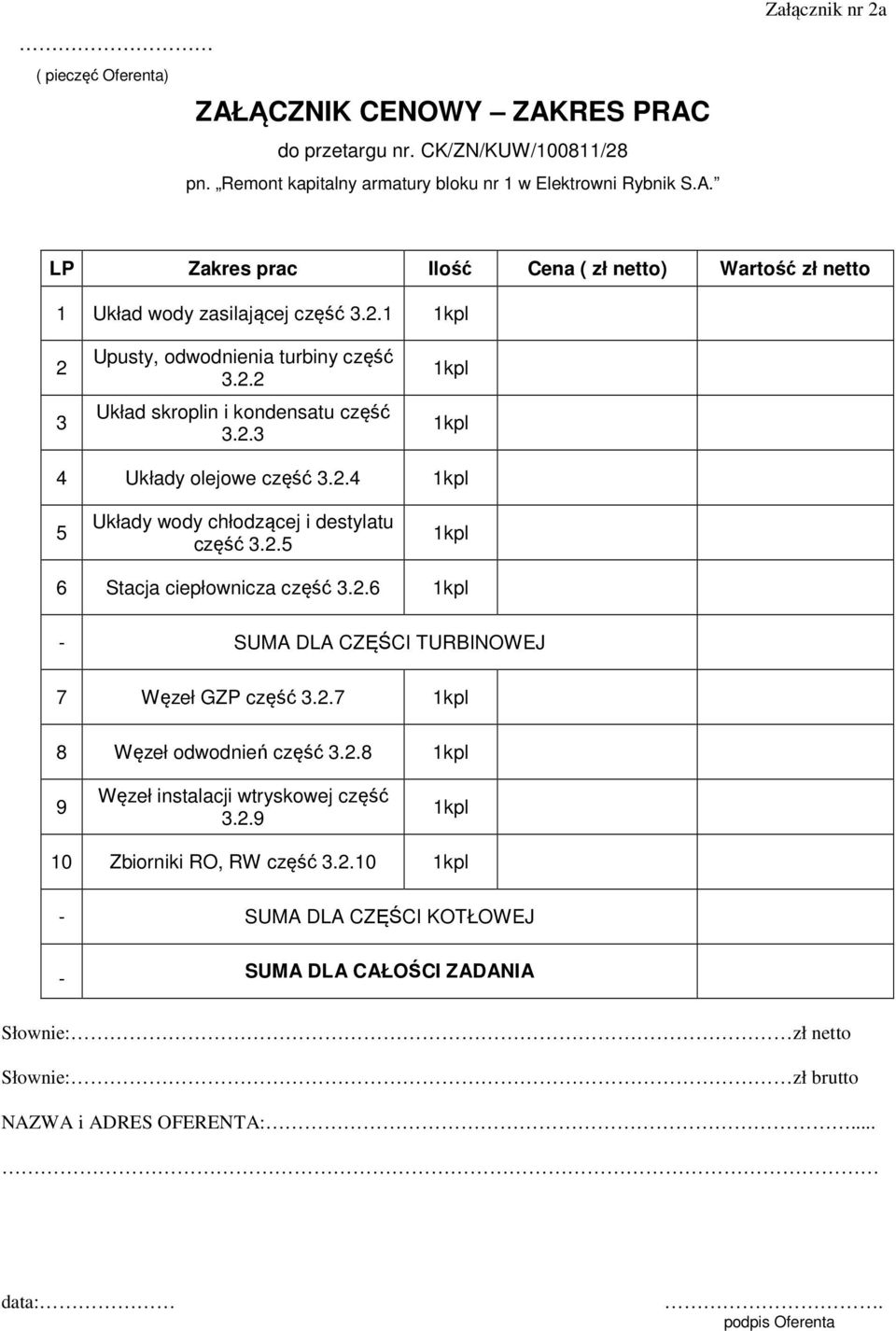 2.6 - SUMA DLA CZĘŚCI TURBINOWEJ 7 Węzeł GZP część 3.2.7 8 Węzeł odwodnień część 3.2.8 9 Węzeł instalacji wtryskowej część 3.2.9 10 Zbiorniki RO, RW część 3.2.10 - SUMA DLA CZĘŚCI KOTŁOWEJ - SUMA DLA CAŁOŚCI ZADANIA Słownie: zł netto Słownie: zł brutto NAZWA i ADRES OFERENTA:.