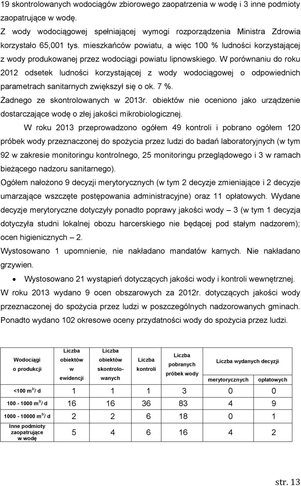 W porównaniu do roku 2012 odsetek ludności korzystającej z wody wodociągowej o odpowiednich parametrach sanitarnych zwiększył się o ok. 7 %. Żadnego ze skontrolowanych w 2013r.