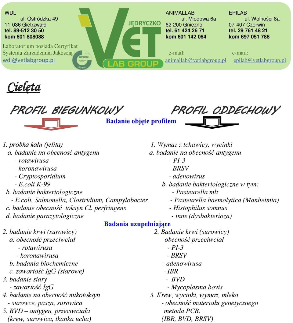 badanie bakteriologiczne - Pasteurella mlt - E.coli, Salmonella, Clostridium, Campylobacter - Pasteurella haemolytica (Manheimia) c. badanie obecność toksyn Cl. perfringens - Histophilus somnus d.