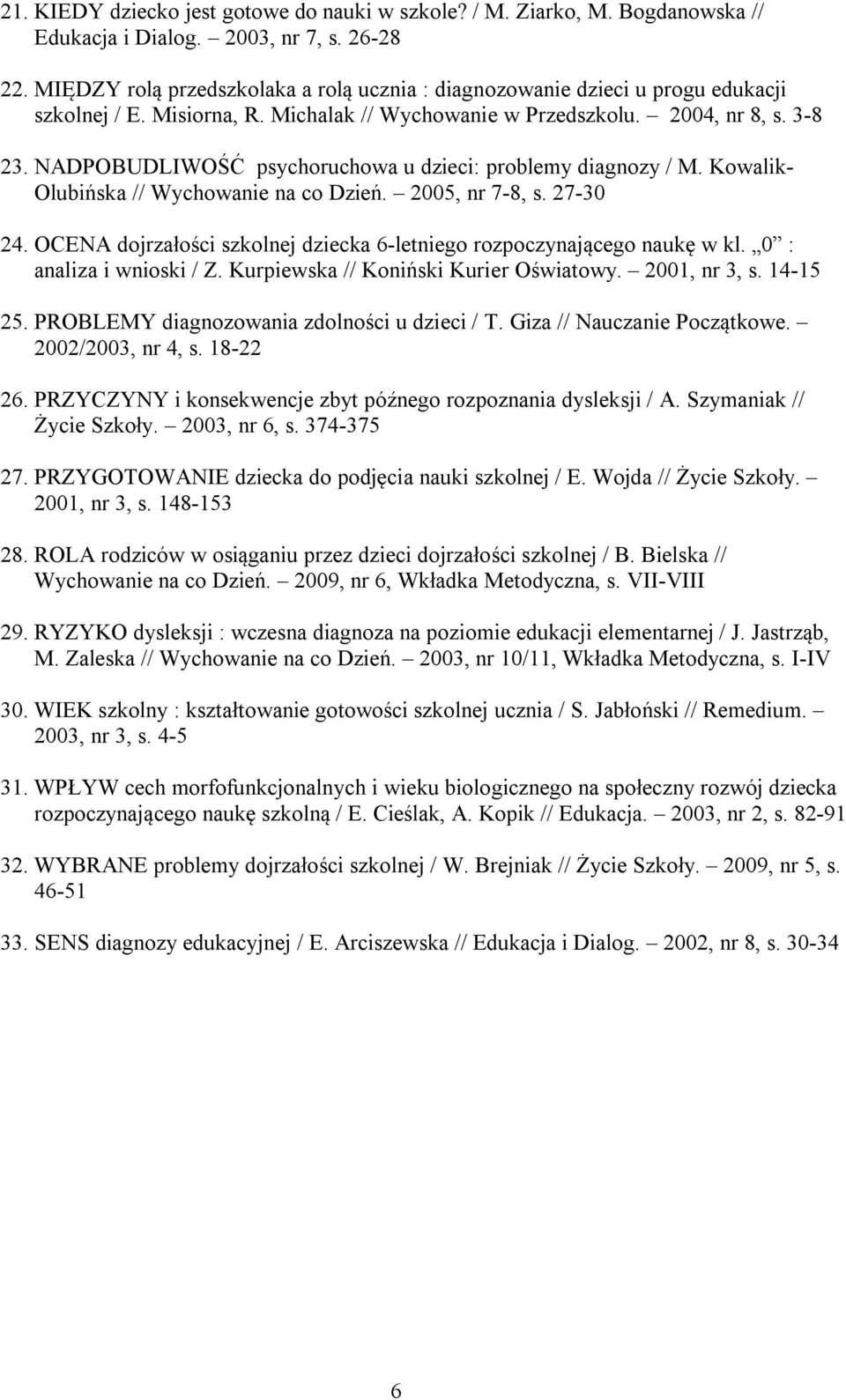 NADPOBUDLIWOŚĆ psychoruchowa u dzieci: problemy diagnozy / M. Kowalik- Olubińska // Wychowanie na co Dzień. 2005, nr 7-8, s. 27-30 24.