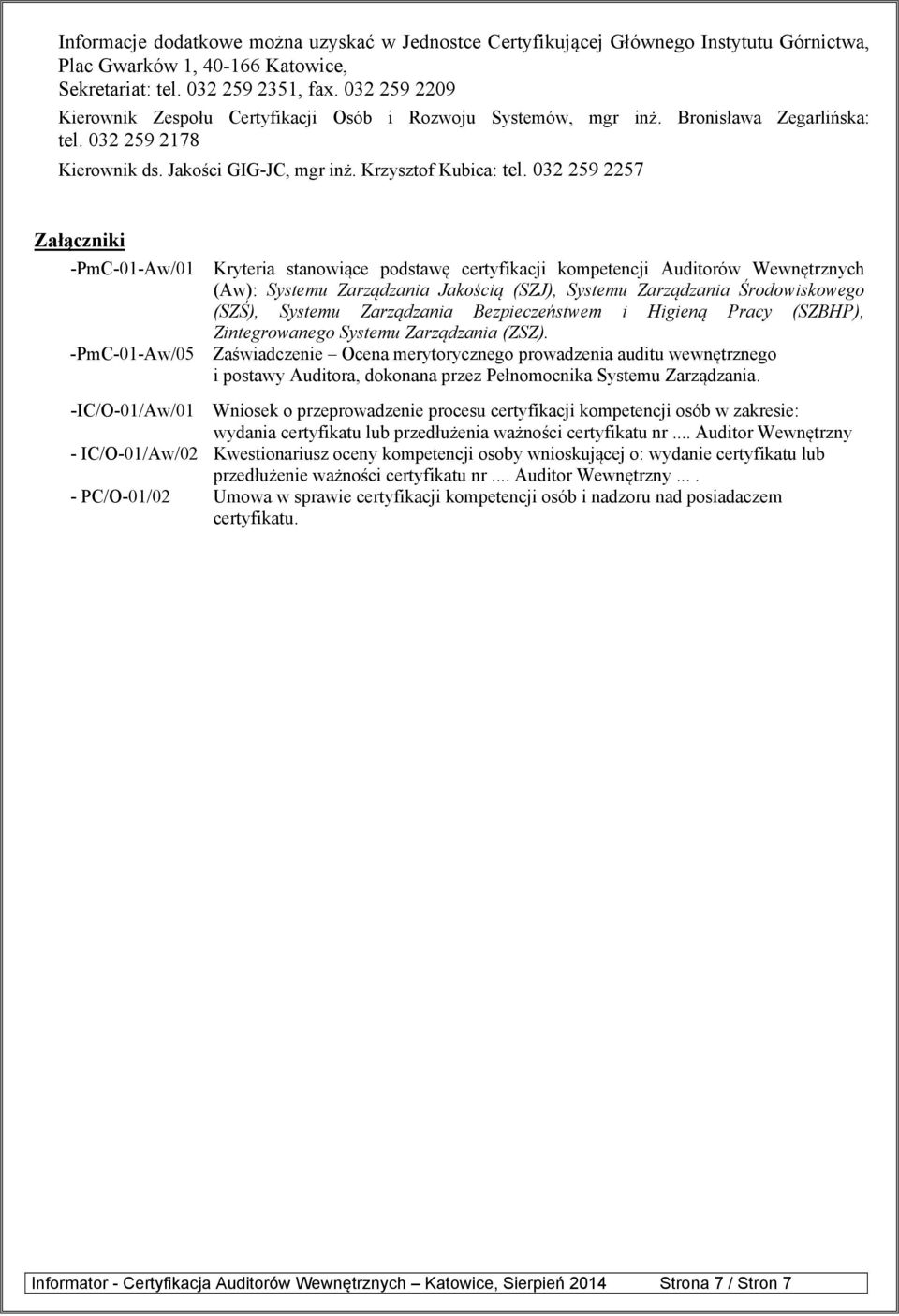 032 259 2257 Załączniki -PmC-01-Aw/01 -PmC-01-Aw/05 Kryteria stanowiące podstawę certyfikacji kompetencji Auditorów Wewnętrznych (Aw): Systemu Zarządzania Jakością (SZJ), Systemu Zarządzania