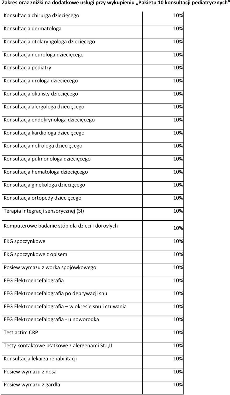 endokrynologa dziecięcego 10% Konsultacja kardiologa dziecięcego 10% Konsultacja nefrologa dziecięcego 10% Konsultacja pulmonologa dziecięcego 10% Konsultacja hematologa dziecięcego 10% Konsultacja