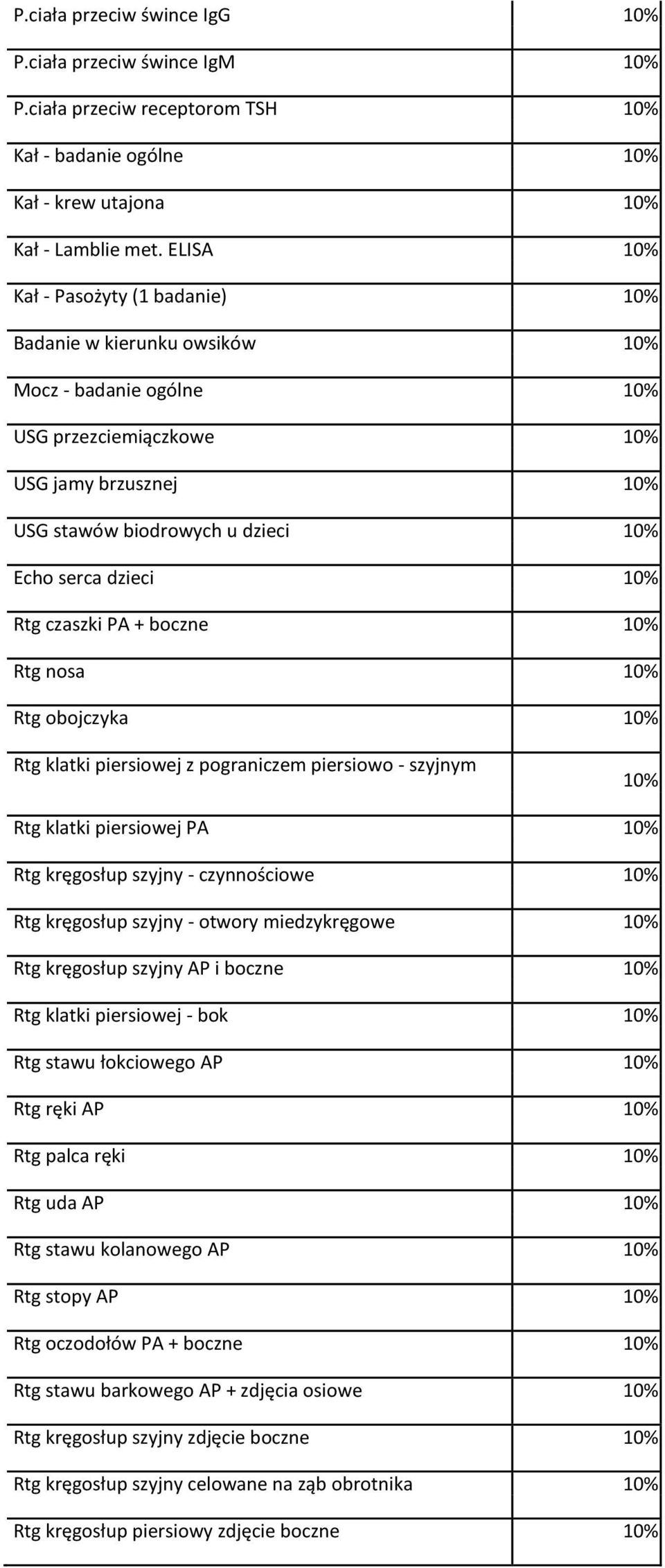 10% Rtg czaszki PA + boczne 10% Rtg nosa 10% Rtg obojczyka 10% Rtg klatki piersiowej z pograniczem piersiowo - szyjnym 10% Rtg klatki piersiowej PA 10% Rtg kręgosłup szyjny - czynnościowe 10% Rtg