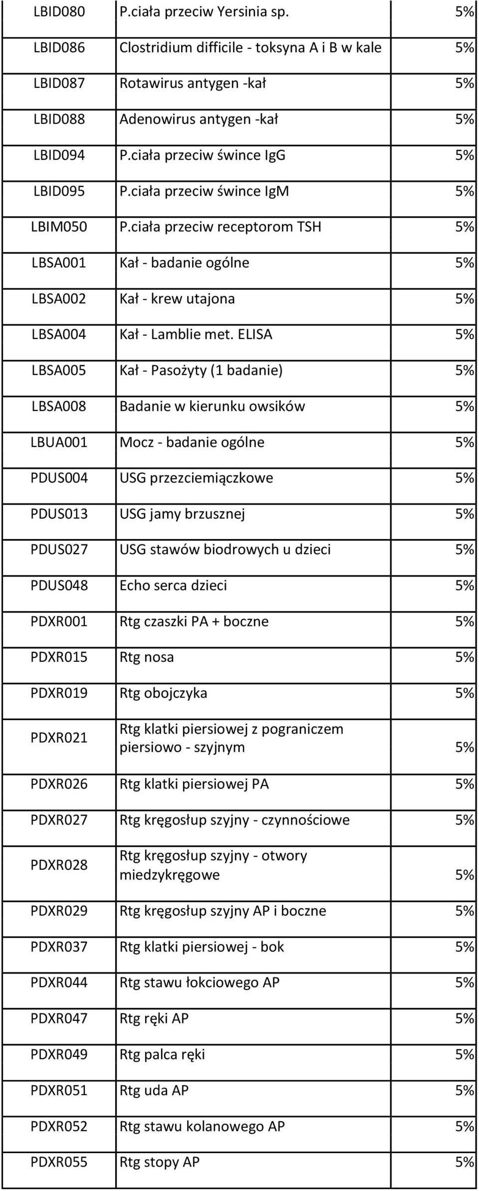 ELISA 5% LBSA005 Kał - Pasożyty (1 badanie) 5% LBSA008 Badanie w kierunku owsików 5% LBUA001 Mocz - badanie ogólne 5% PDUS004 USG przezciemiączkowe 5% PDUS013 USG jamy brzusznej 5% PDUS027 USG stawów