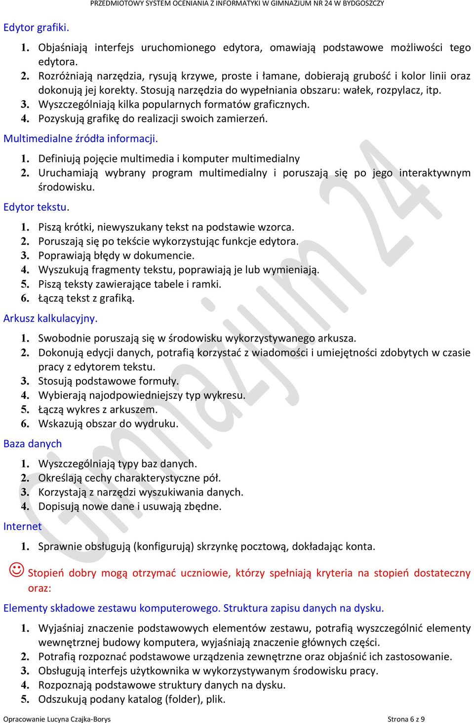 Wyszczególniają kilka popularnych formatów graficznych. 4. Pozyskują grafikę do realizacji swoich zamierzeń. Multimedialne źródła informacji. 1.