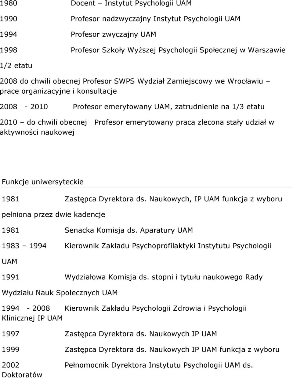 emerytowany praca zlecona stały udział w aktywności naukowej Funkcje uniwersyteckie 1981 Zastępca Dyrektora ds. Naukowych, IP UAM funkcja z wyboru pełniona przez dwie kadencje 1981 Senacka Komisja ds.