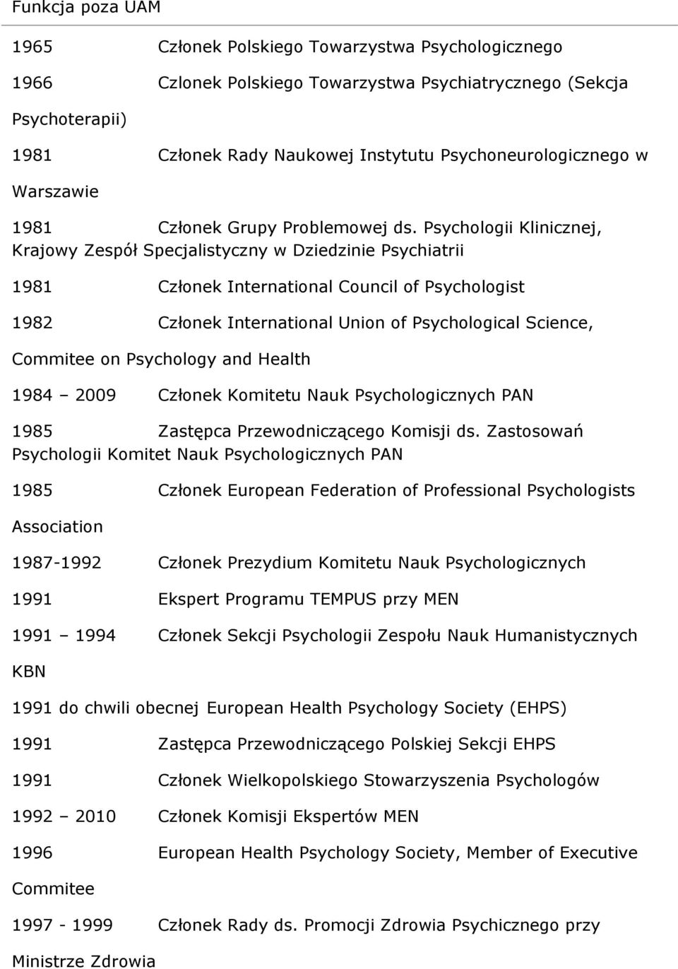 Psychologii Klinicznej, Krajowy Zespół Specjalistyczny w Dziedzinie Psychiatrii 1981 Członek International Council of Psychologist 1982 Członek International Union of Psychological Science, Commitee