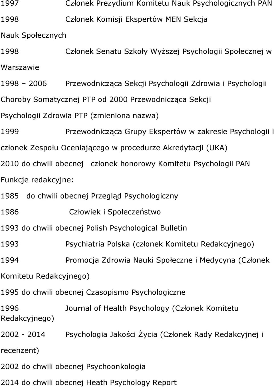 Psychologii i członek Zespołu Oceniającego w procedurze Akredytacji (UKA) 2010 do chwili obecnej członek honorowy Komitetu Psychologii PAN Funkcje redakcyjne: 1985 do chwili obecnej Przegląd