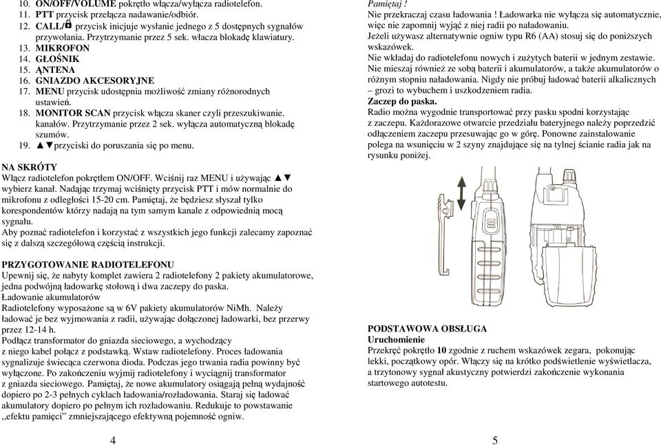 MONITOR SCAN przycisk włcza skaner czyli przeszukiwanie. kanałów. Przytrzymanie przez 2 sek. wyłcza automatyczn blokad szumów. 19. przyciski do poruszania si po menu.