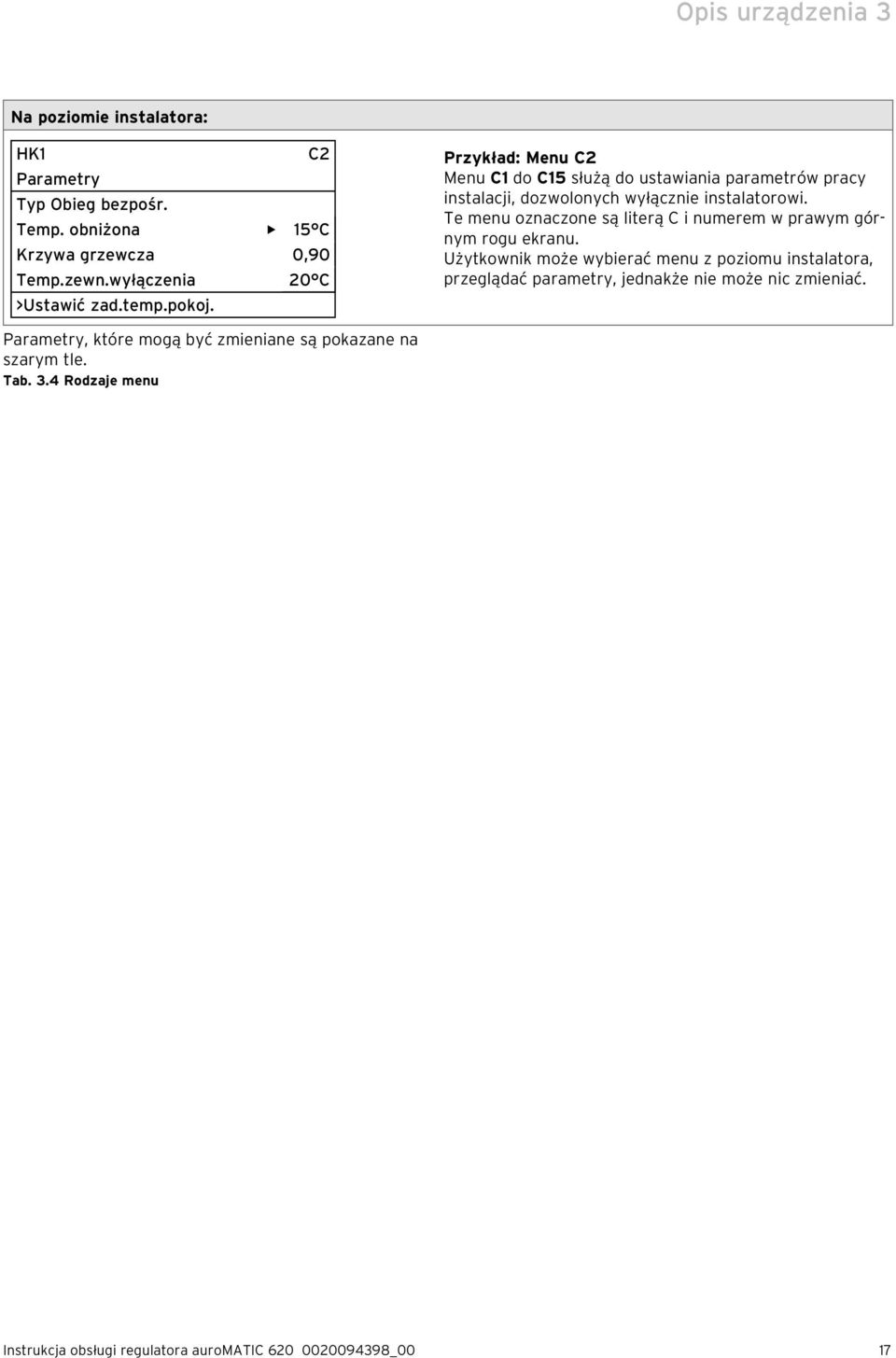 Przykład: Menu C2 Menu C1 do C15 służą do ustawiania parametrów pracy instalacji, dozwolonych wyłącznie instalatorowi.