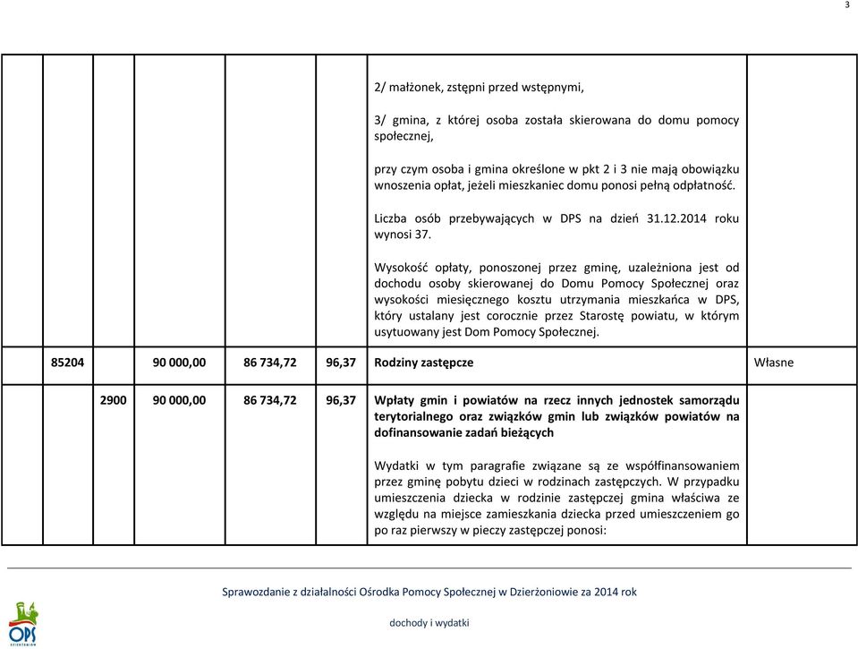 Wysokość opłaty, ponoszonej przez gminę, uzależniona jest od dochodu osoby skierowanej do Domu Pomocy Społecznej oraz wysokości miesięcznego kosztu utrzymania mieszkańca w DPS, który ustalany jest