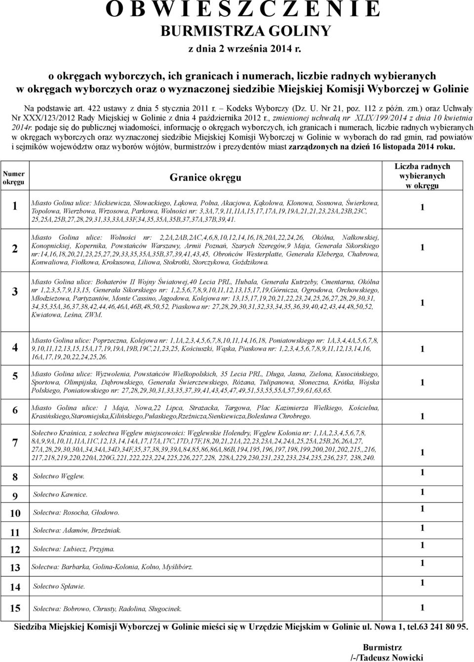 N I E BURMISTRZA GOLINY z dnia 2 września 204 r. E. Kasprzyk o okręgach wyborczych, ich granicach i numerach, liczbie radnych wybieranych w okręgach wyborczych oraz o wyznaczonej siedzibie Miejskiej Komisji Wyborczej w Golinie Na podstawie art.