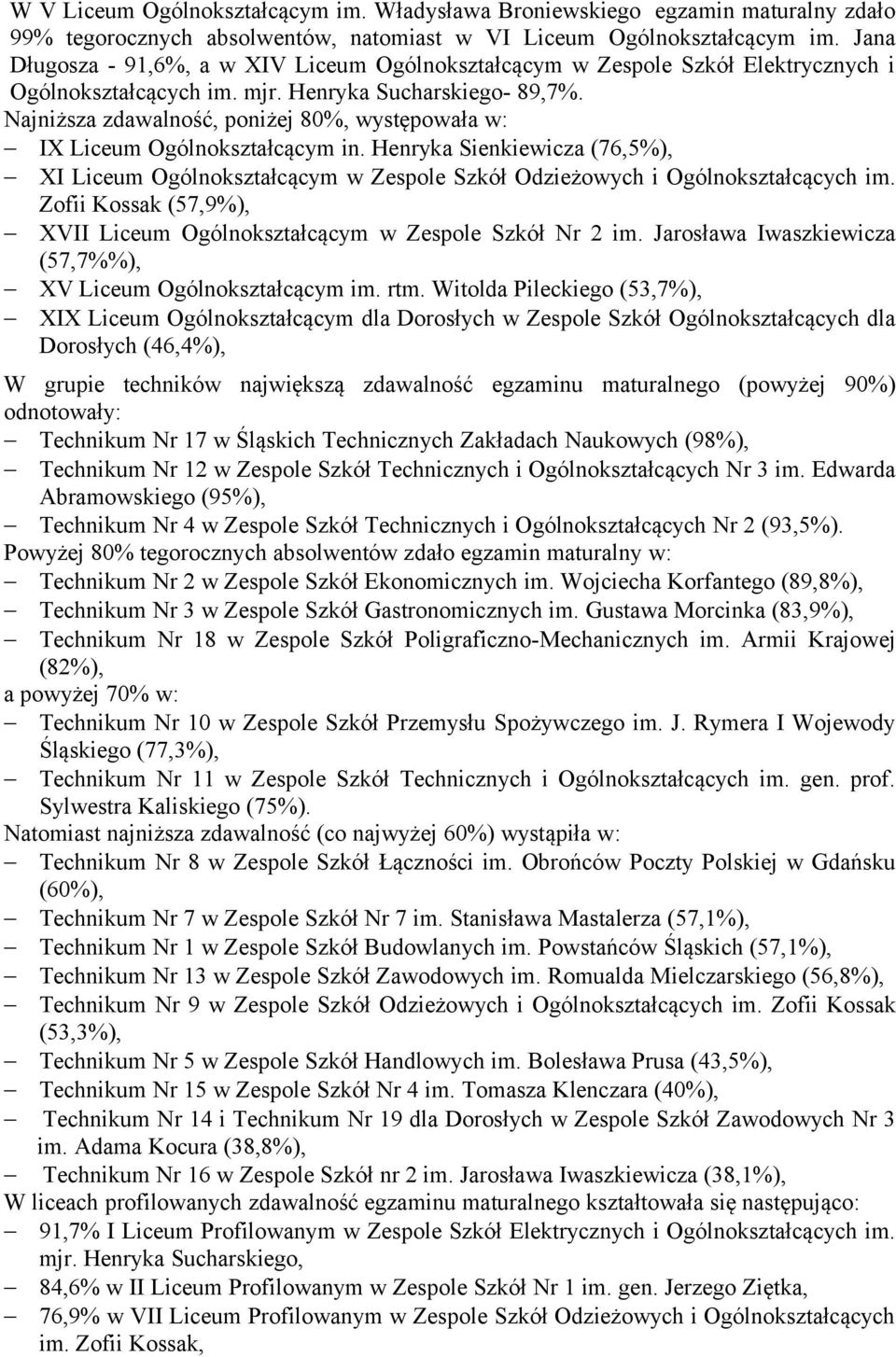 Najniższa zdawalność, poniżej 80%, występowała w: IX Liceum Ogólnokształcącym in. Henryka Sienkiewicza (76,5%), XI Liceum Ogólnokształcącym w Zespole Szkół Odzieżowych i Ogólnokształcących im.