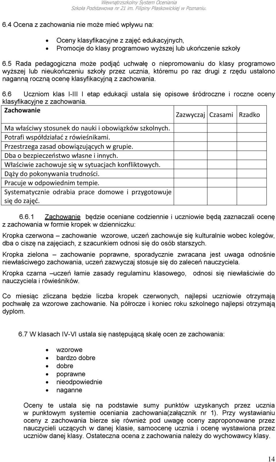 zachowania. 6.6 Uczniom klas I-III I etap edukacji ustala się opisowe śródroczne i roczne oceny klasyfikacyjne z zachowania.