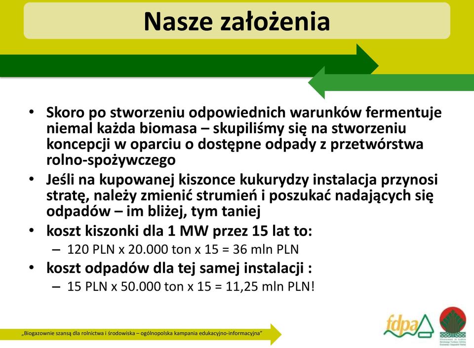 przynosi stratę, należy zmienić strumień i poszukać nadających się odpadów im bliżej, tym taniej koszt kiszonki dla 1 MW