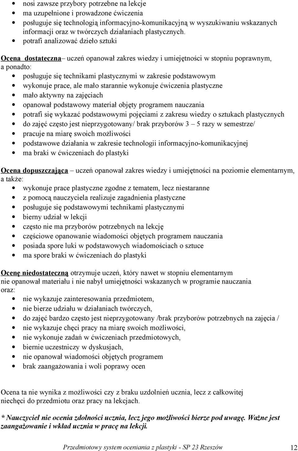 potrafi analizować dzieło sztuki Ocena dostateczna uczeń opanował zakres wiedzy i umiejętności w stopniu poprawnym, a ponadto: posługuje się technikami plastycznymi w zakresie podstawowym wykonuje