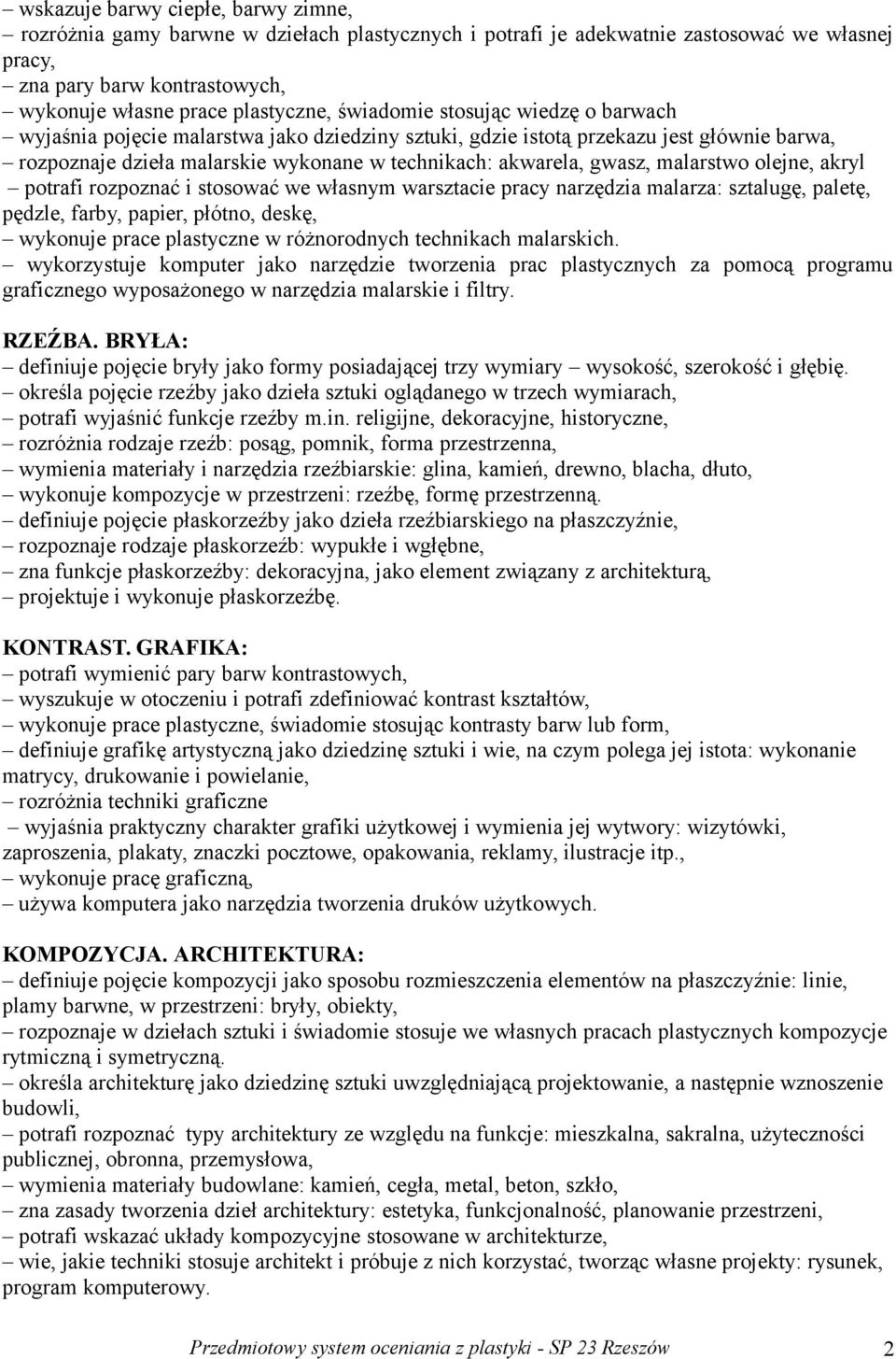 malarstwo olejne, akryl potrafi rozpoznać i stosować we własnym warsztacie pracy narzędzia malarza: sztalugę, paletę, pędzle, farby, papier, płótno, deskę, wykonuje prace plastyczne w różnorodnych