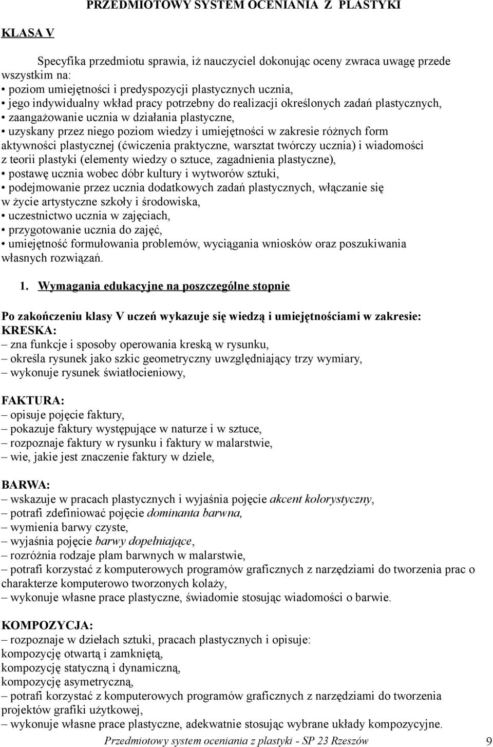 form aktywności plastycznej (ćwiczenia praktyczne, warsztat twórczy ucznia) i wiadomości z teorii plastyki (elementy wiedzy o sztuce, zagadnienia plastyczne), postawę ucznia wobec dóbr kultury i