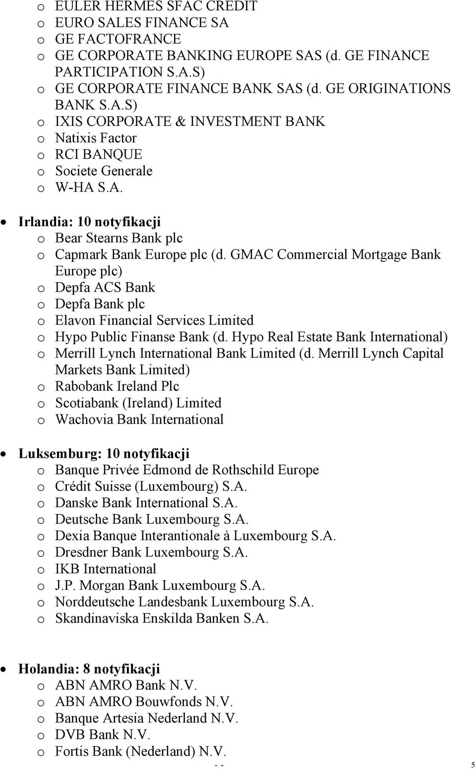 GMAC Commercial Mortgage Bank Europe plc) o Depfa ACS Bank o Depfa Bank plc o Elavon Financial Services Limited o Hypo Public Finanse Bank (d.