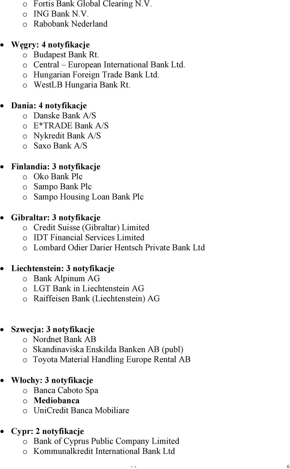 Dania: 4 notyfikacje o Danske Bank A/S o E*TRADE Bank A/S o Nykredit Bank A/S o Saxo Bank A/S Finlandia: 3 notyfikacje o Oko Bank Plc o Sampo Bank Plc o Sampo Housing Loan Bank Plc Gibraltar: 3