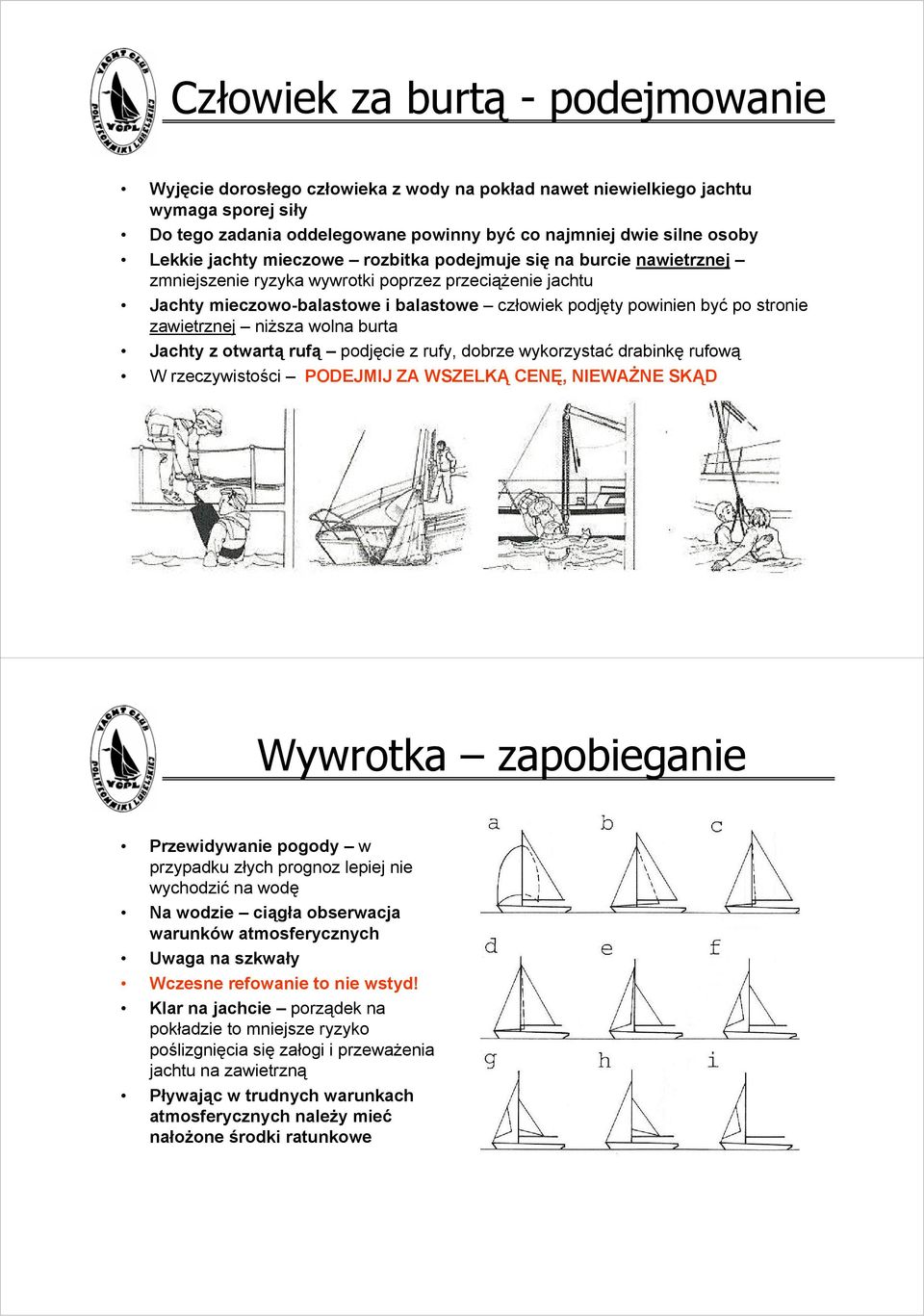 zawietrznej niższa wolna burta Jachty z otwartą rufą podjęcie z rufy, dobrze wykorzystać drabinkę rufową W rzeczywistości PODEJMIJ ZA WSZELKĄ CENĘ, NIEWAŻNE SKĄD Wywrotka zapobieganie Przewidywanie