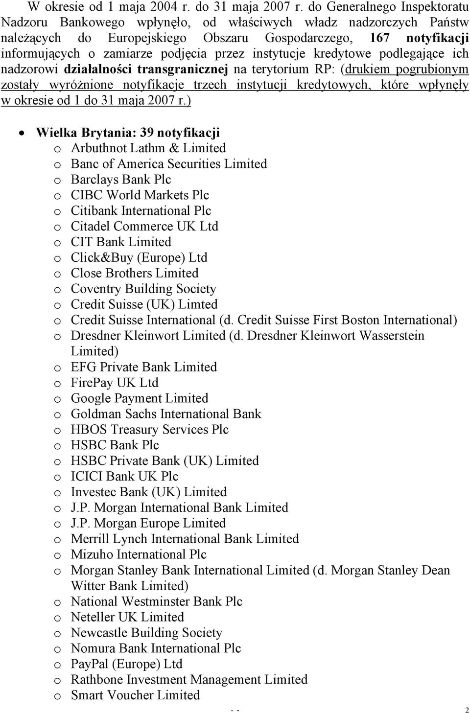 przez instytucje kredytowe podlegające ich nadzorowi działalności transgranicznej na terytorium RP: (drukiem pogrubionym zostały wyróżnione notyfikacje trzech instytucji kredytowych, które wpłynęły w