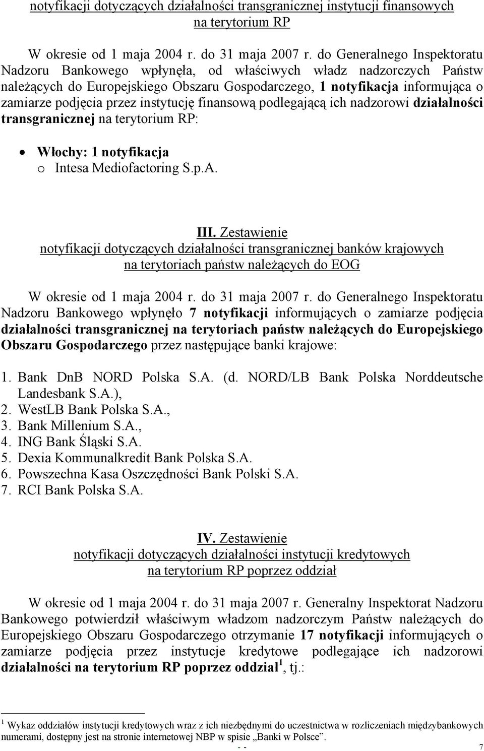 instytucję finansową podlegającą ich nadzorowi działalności transgranicznej na terytorium RP: Włochy: 1 notyfikacja o Intesa Mediofactoring S.p.A. III.