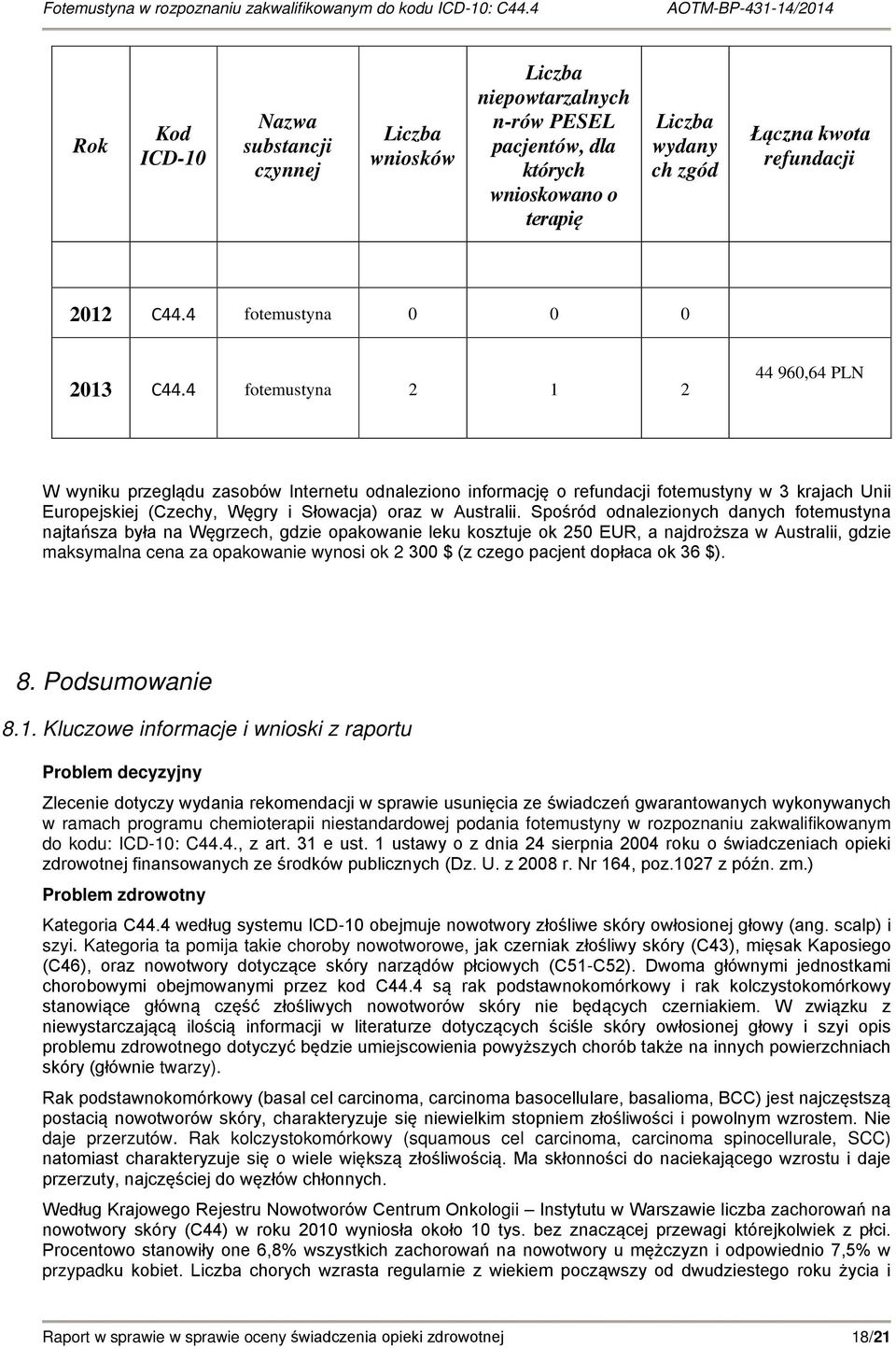 4 fotemustyna 2 1 2 44 960,64 PLN W wyniku przeglądu zasobów Internetu odnaleziono informację o refundacji fotemustyny w 3 krajach Unii Europejskiej (Czechy, Węgry i Słowacja) oraz w Australii.