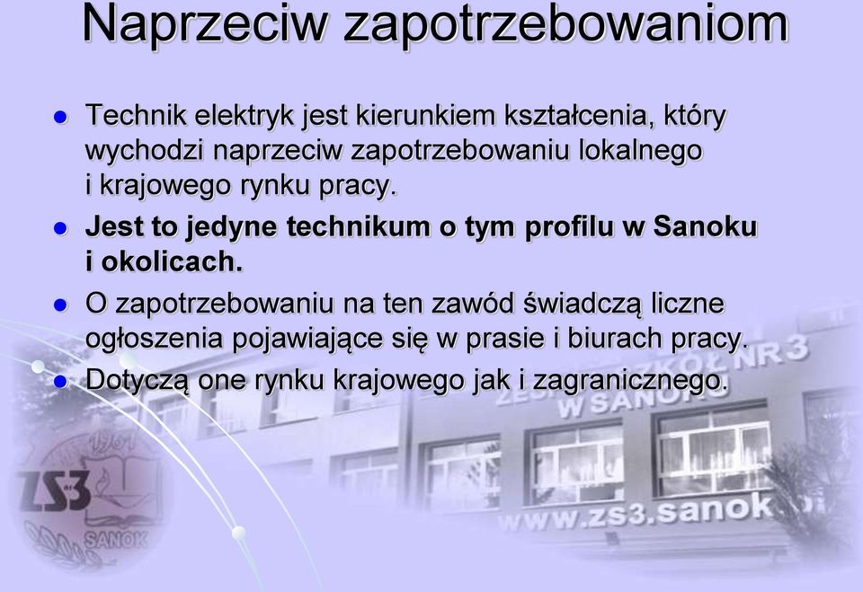 Jest to jedyne technikum o tym profilu w Sanoku i okolicach.