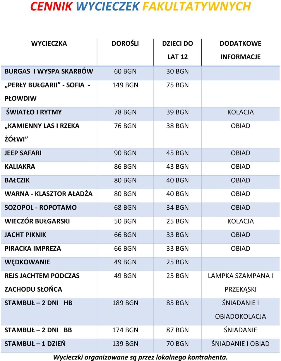 - ROPOTAMO 68 BGN 34 BGN OBIAD WIECZÓR BUŁGARSKI 50 BGN 25 BGN KOLACJA JACHT PIKNIK 66 BGN 33 BGN OBIAD PIRACKA IMPREZA 66 BGN 33 BGN OBIAD WĘDKOWANIE 49 BGN 25 BGN REJS JACHTEM PODCZAS ZACHODU