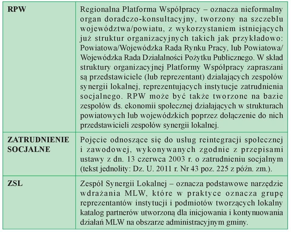 W skład struktury organizacyjnej Platformy Współpracy zapraszani są przedstawiciele (lub reprezentant) działających zespołów synergii lokalnej, reprezentujących instytucje zatrudnienia socjalnego.