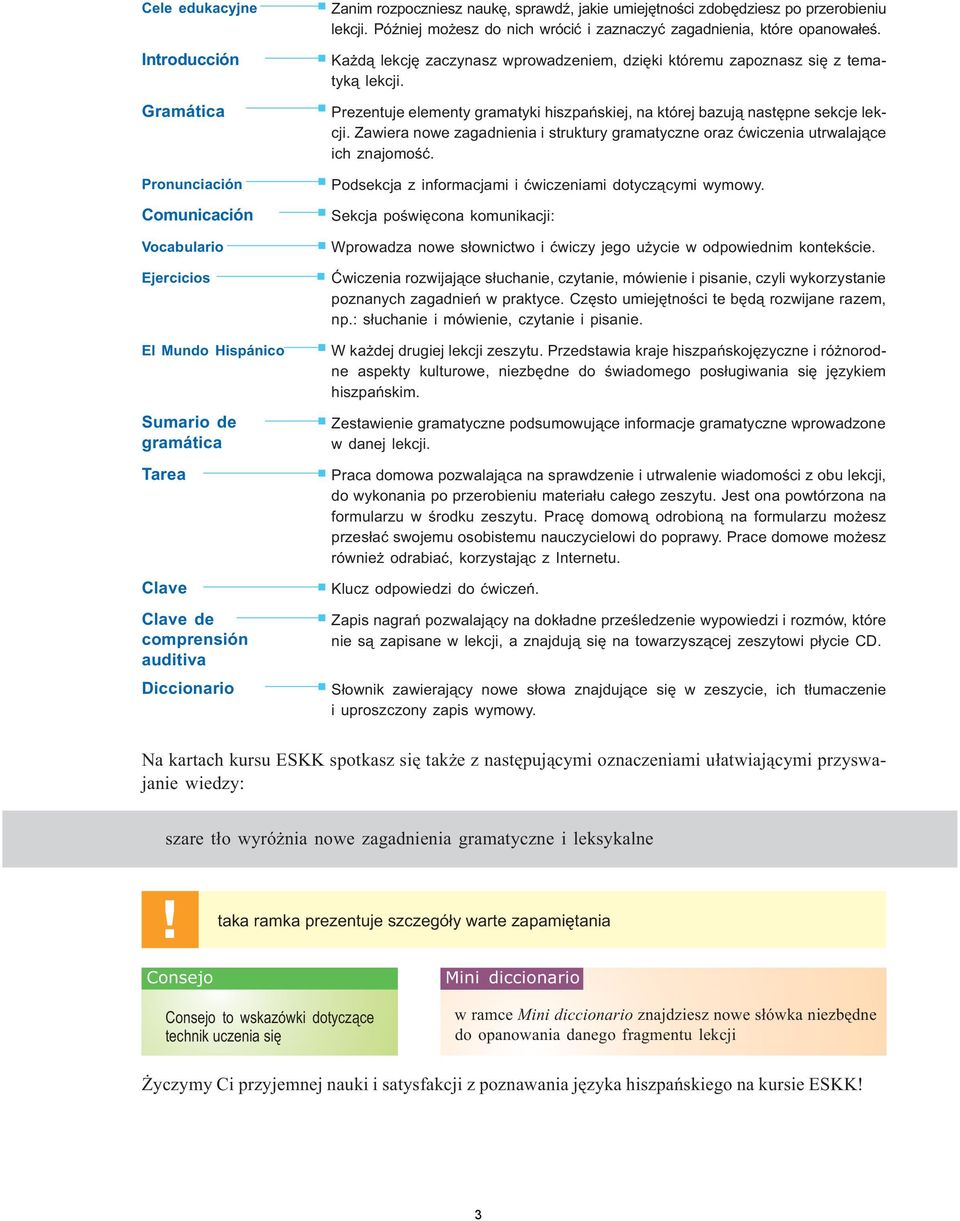 Ka d¹ lekcjê zaczynasz wprowadzeniem, dziêki któremu zapoznasz siê z tematyk¹ lekcji. Prezentuje elementy gramatyki hiszpañskiej, na której bazuj¹ nastêpne sekcje lekcji.