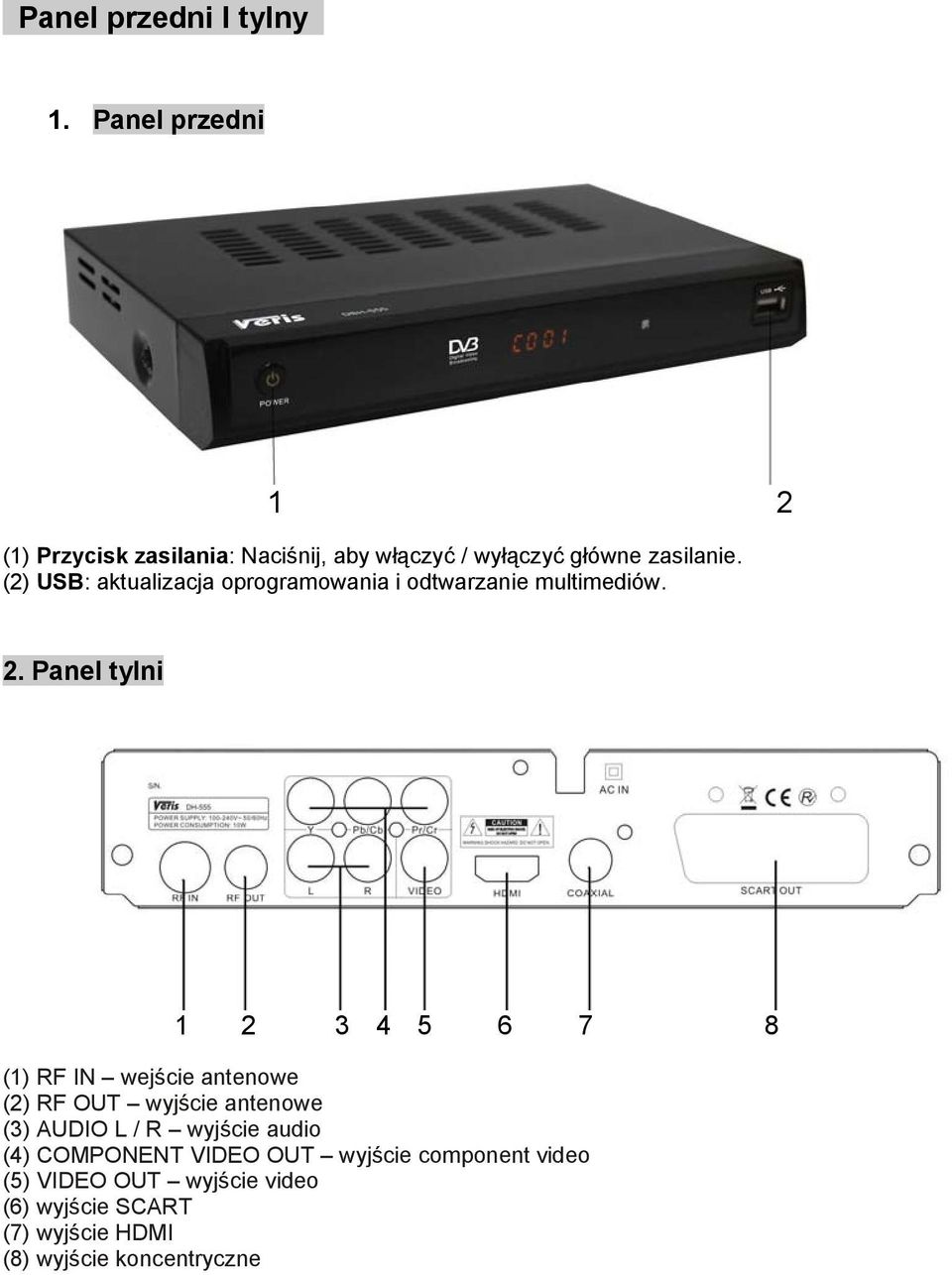 (2) USB: aktualizacja oprogramowania i odtwarzanie multimediów. 2.