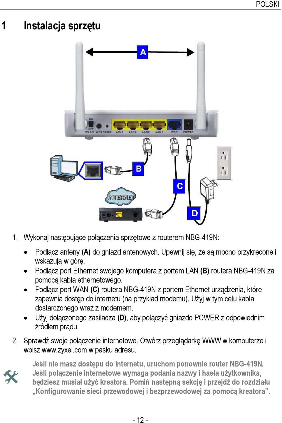 Podłącz port WAN (C) routera NBG-419N z portem Ethernet urządzenia, które zapewnia dostęp do internetu (na przykład modemu). UŜyj w tym celu kabla dostarczonego wraz z modemem.