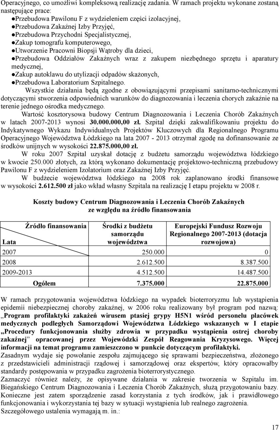 tomografu komputerowego, Utworzenie Pracowni Biopsji Wątroby dla dzieci, Przebudowa Oddziałów Zakaźnych wraz z zakupem niezbędnego sprzętu i aparatury medycznej, Zakup autoklawu do utylizacji odpadów