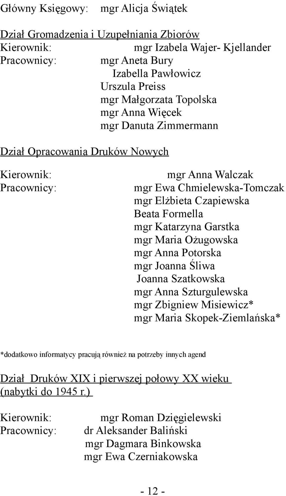 Garstka mgr Maria Ożugowska mgr Anna Potorska mgr Joanna Śliwa Joanna Szatkowska mgr Anna Szturgulewska mgr Zbigniew Misiewicz* mgr Maria Skopek-Ziemlańska* *dodatkowo informatycy pracują również na