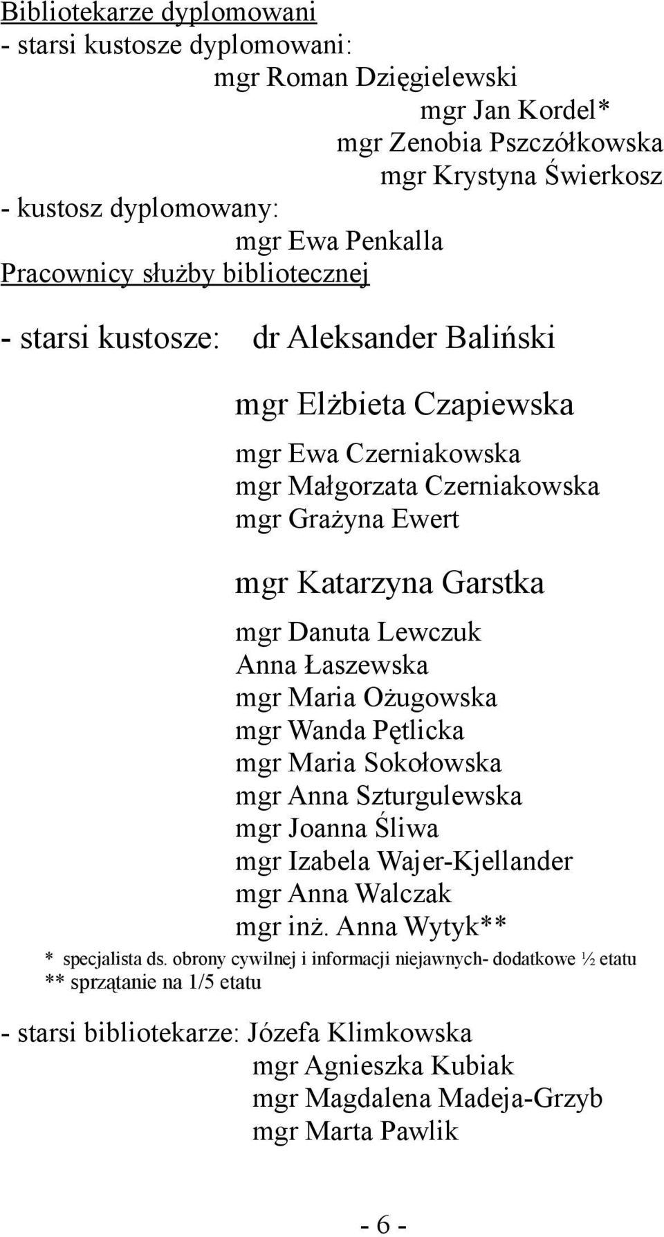 Anna Łaszewska mgr Maria Ożugowska mgr Wanda Pętlicka mgr Maria Sokołowska mgr Anna Szturgulewska mgr Joanna Śliwa mgr Izabela Wajer-Kjellander mgr Anna Walczak mgr inż.