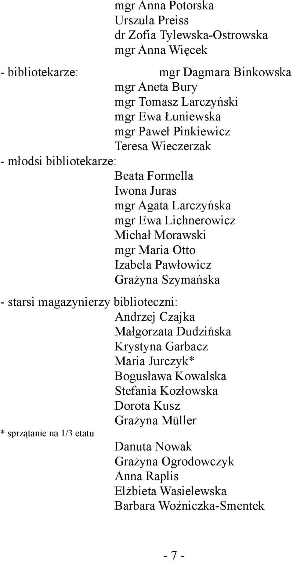 Maria Otto Izabela Pawłowicz Grażyna Szymańska - starsi magazynierzy biblioteczni: Andrzej Czajka Małgorzata Dudzińska Krystyna Garbacz Maria Jurczyk* Bogusława