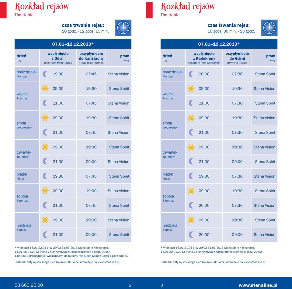 12.2013* Rozkład rejsw Timetable czas trwania rejsu: 10 godz. 30 min. - 13 godz. 07.0112.12.2013* dzień day wypłynięcie z Gdyni departure from Gdynia przypłynięcie do Karlskrony arrival to Karlskrona