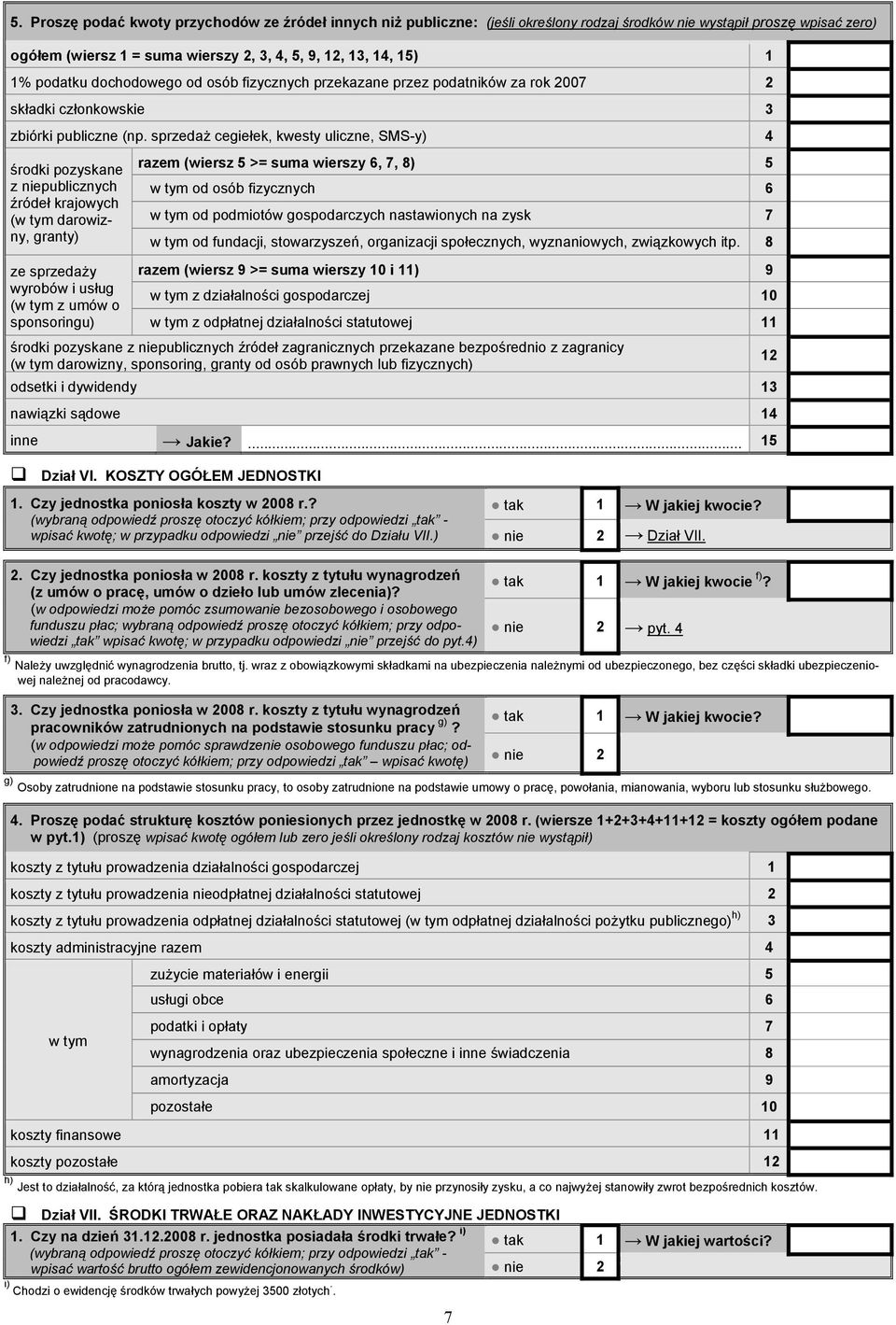 sprzedaż cegiełek, kwesty uliczne, SMS-y) 4 środki pozyskane z niepublicznych źródeł krajowych (w tym darowizny, granty) ze sprzedaży wyrobów i usług (w tym z umów o sponsoringu) razem (wiersz 5 >=