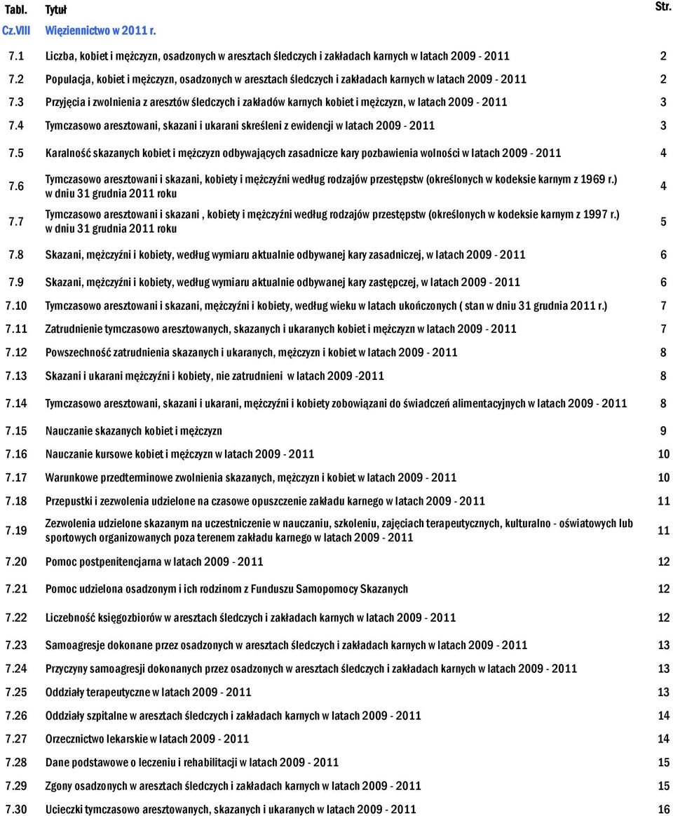 3 Przyjęcia i zwolnienia z aresztów śledczych i zakładów karnych kobiet i mężczyzn, w latach 2009-2011 3 7.4 Tymczasowo aresztowani, skazani i ukarani skreśleni z ewidencji w latach 2009-2011 3 7.