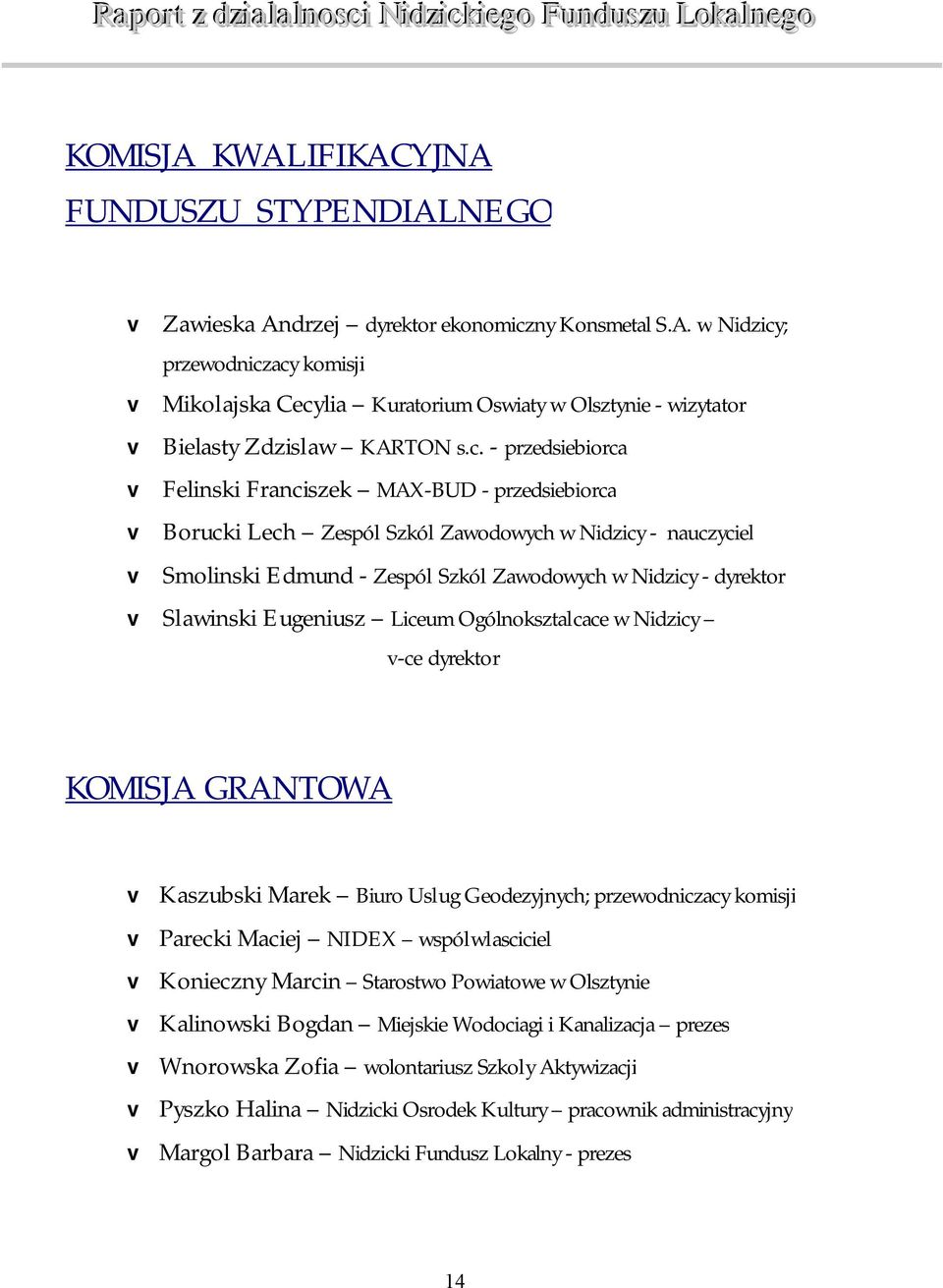 Eugeniusz Liceum Ogólnoksztalcace w Nidzicy -ce dyrektor KOMISJA GRANTOWA Kaszubski Marek Biuro Uslug Geodezyjnych; przewodniczacy komisji Parecki Maciej NIDEX wspólwlasciciel Konieczny Marcin