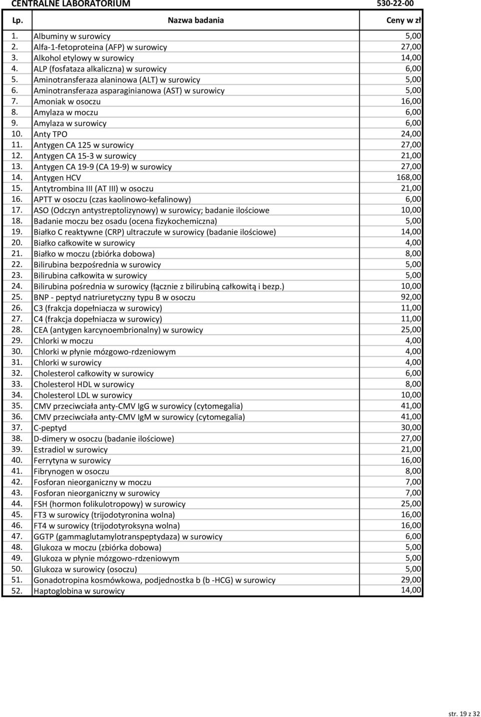 Anty TPO 24,00 11. Antygen CA 125 w surowicy 27,00 12. Antygen CA 15-3 w surowicy 21,00 13. Antygen CA 19-9 (CA 19-9) w surowicy 27,00 14. Antygen HCV 168,00 15.