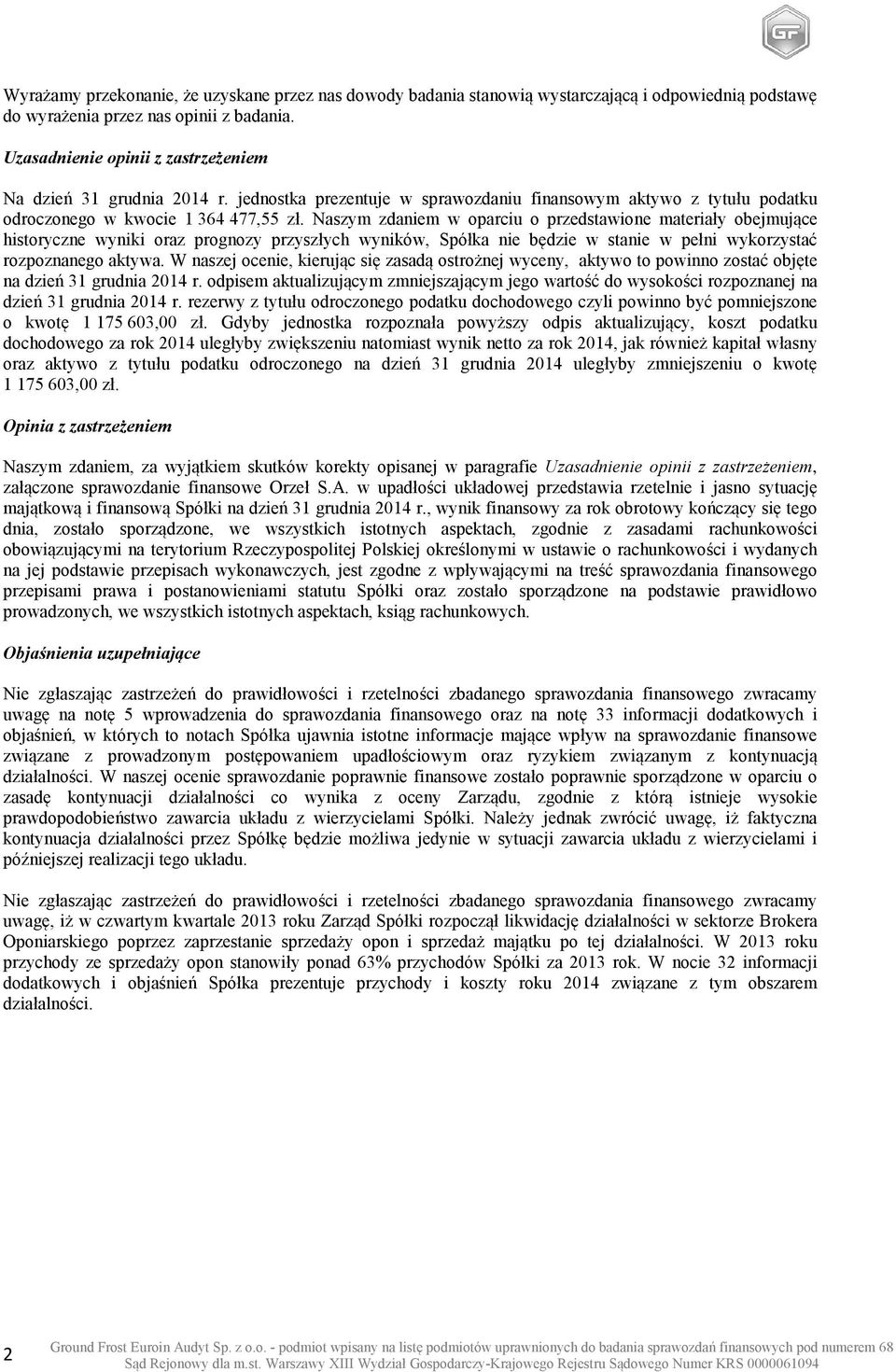 Naszym zdaniem w oparciu o przedstawione materiały obejmujące historyczne wyniki oraz prognozy przyszłych wyników, Spółka nie będzie w stanie w pełni wykorzystać rozpoznanego aktywa.