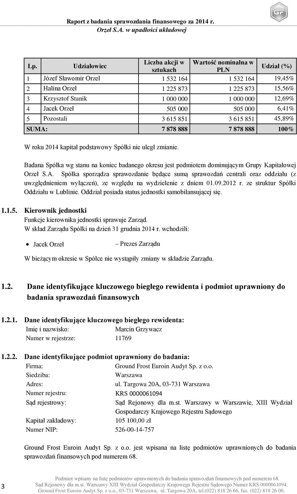 Badana Spółka wg stanu na koniec badanego okresu jest podmiotem dominującym Grupy Kapitałowej Orzeł S.A.