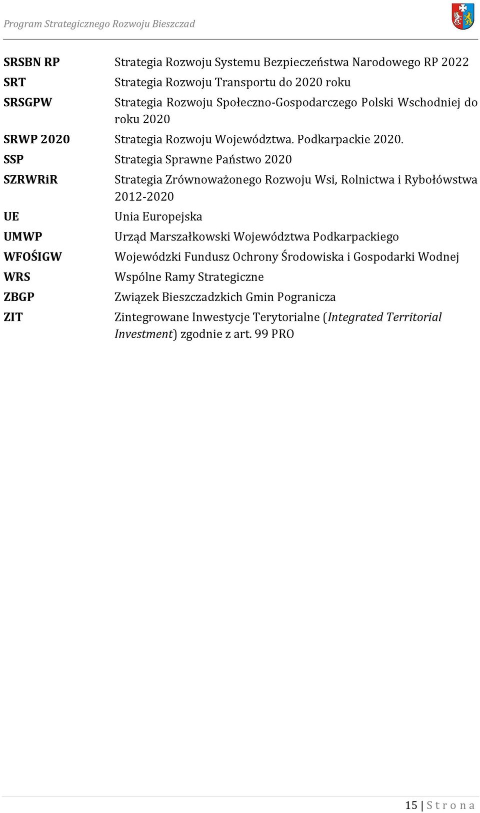 SSP Strategia Sprawne Państwo 2020 SZRWRiR UE UMWP WFOŚIGW WRS ZBGP ZIT Strategia Zrównoważonego Rozwoju Wsi, Rolnictwa i Rybołówstwa 2012-2020 Unia Europejska Urząd Marszałkowski