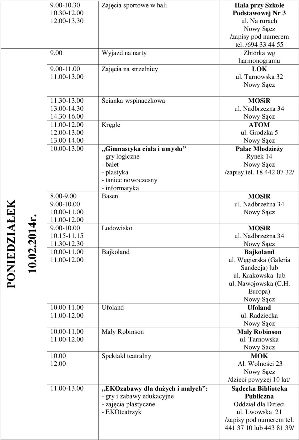 00 Gimnastyka ciała i umysłu - balet - plastyka - taniec nowoczesny - informatyka 10.15-11.15 10.00 12.